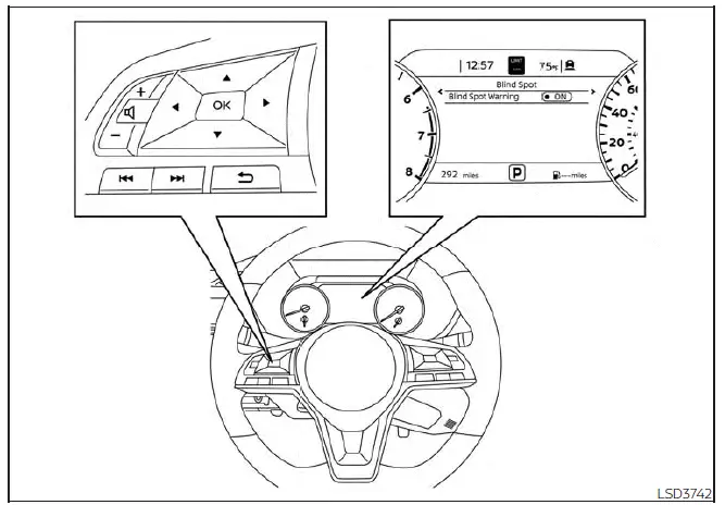 Nissan Sentra BSW settings menu on 7 inch meter display