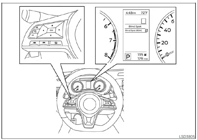 Nissan Sentra BSW settings menu on 4.2 inch meter display