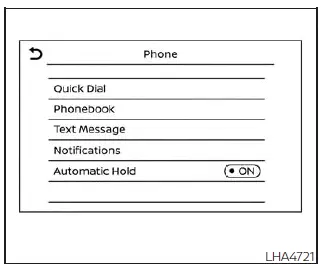 Nissan Sentra Bluetooth Hands-Free Phone System settings screen