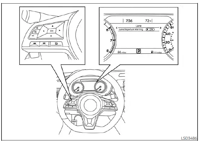 Nissan Sentra LDW settings menu on 7 inch meter display