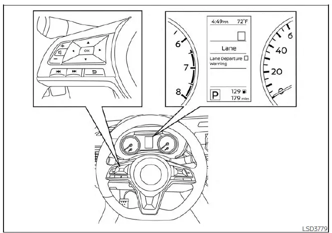 Nissan Sentra LDW settings menu on 4.2 inch meter display