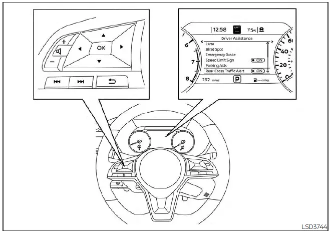 Nissan Sentra RCTA settings menu on 7 inch meter display