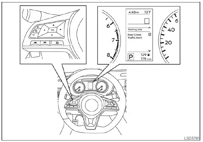 Nissan Sentra RCTA settings menu on 4.2 inch meter display