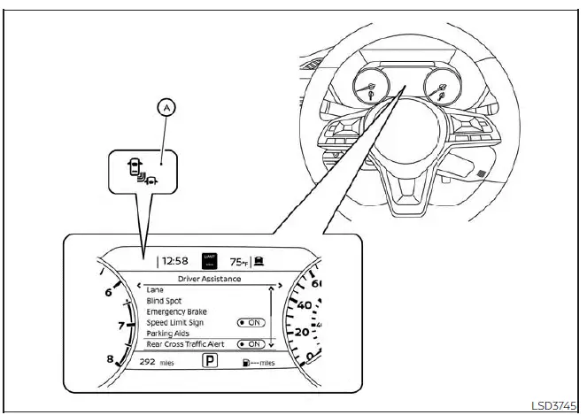 Nissan Sentra RCTA side radar obstruction warning on 7 inch meter display