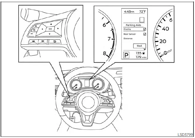 Nissan Sentra Rear Sonar System settings screen for 4.2 inch meter display