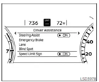 Nissan Sentra TSR settings menu on 7 inch meter display